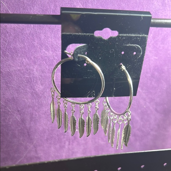Silver Feather Hoop Earrings - Picture 1 of 5